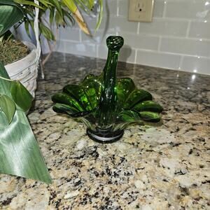 Vintage Art Green Glass Basket 1960's 6"x6"x5"